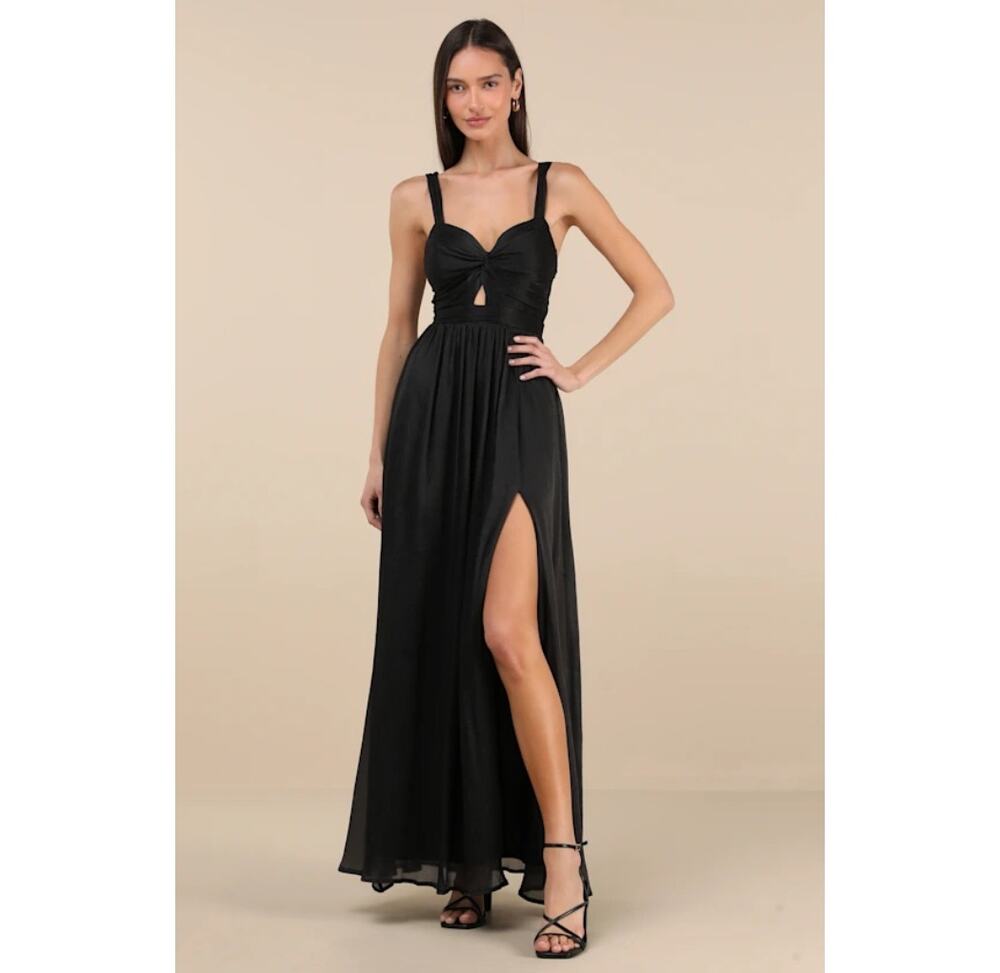 NWT Lulus Aria Black Crinkle Knotted Backless Maxi Dress Gala banquet Ball Sz XS